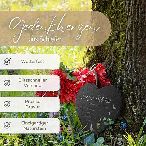 CHRISCK design Große Grabplatte Herz aus Schiefer mit Gravur - Grabstein in Herzform mit vielen Motiven - Grabschmuck wetterfest imprägniert für Urnengrab Grab - personalisierte Grabdeko