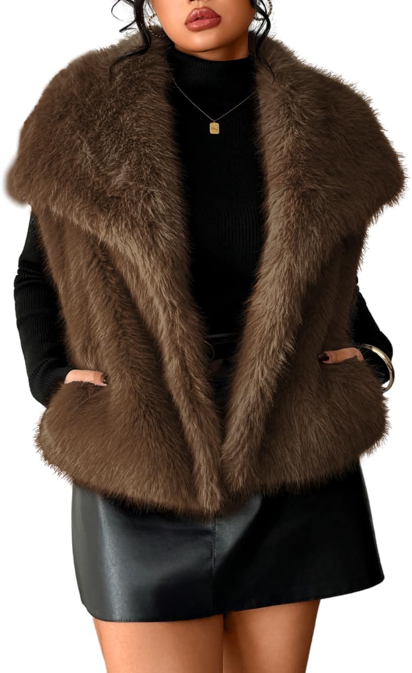 Womens Faux Fur Lapel Fuzzy Vests, Sleeveless Fluffy Jacket with Pockets, Warm Winter Outerwear Plus Size 12-22