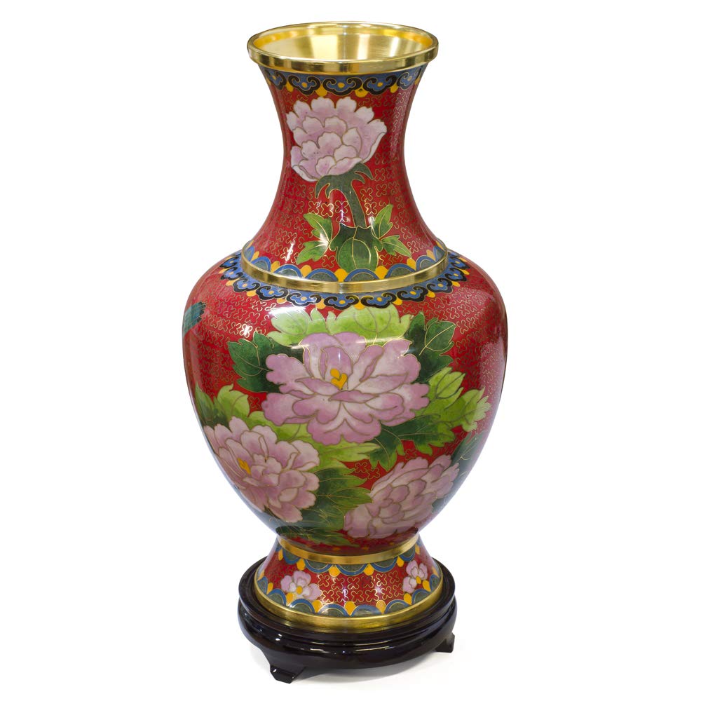 Amazon.com: China Furniture Online 紅色花卉圖案東方景泰藍花瓶附