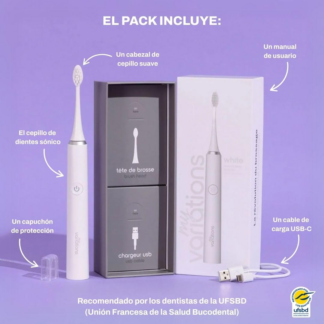 My Variations ® - Cepillo de Dientes Eléctrico - Tecnología Sónica - 1 Mes de Autonomía - 5 Modos de Cepillado - Temporizador de 2 Min Integrado - Recomendado por los Dentistas - Carga USB-C - Blanco
