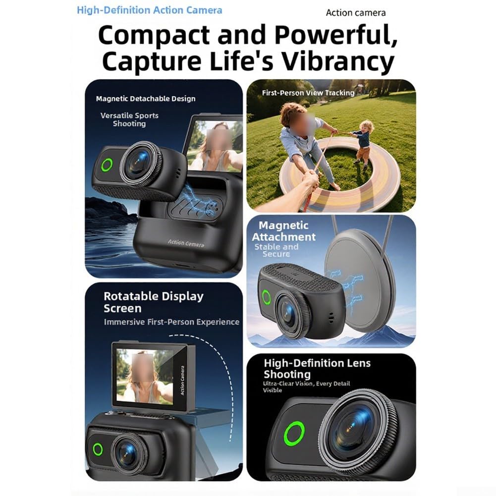 Action Camera 4K Panoramica Pollice Cam con EIS Anti-Shake WiFi Supporto Magnetico per Ciclismo Vlogging Casco POV Indossabile Sport Outdoor Travel Compact 6,7 cm (Bianco)