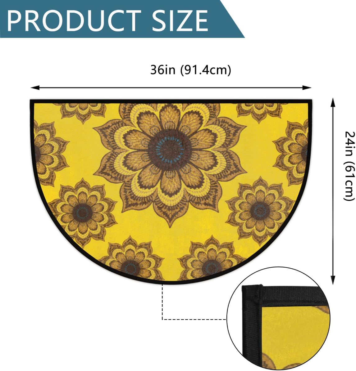 Half Round Door Mat - Indoor Outdoor Yellow Blossom Half Circle Rug for Entryway, Bathroom, Kitchen, Living Room - Washable Non-Slip Half Moon Mat with Boho Floral Vintage - Small Floor Mat