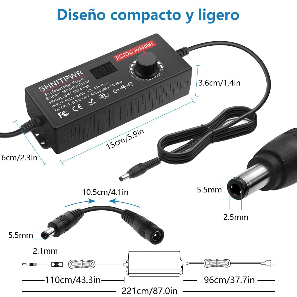 SHNITPWR Alimentatore universale da 3,5V ~ 24V, 120W, 5A, AC/DC, con 14 connettori adattatori, per dispositivi elettronici da 3,5 V a 24V, cornice per fotocamera per baby monitor e strisce LED, ecc.
