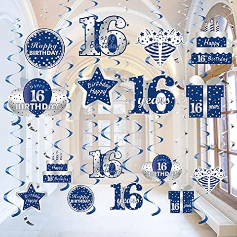 Blue Silver 16th Birthday Hanging Swirls Decorations for Boys, 16Pcs Happy 16 Year Old Birthday Foil Swirl Party Supplies, Sixteen Birthday Ceiling Hanging Decor Cover