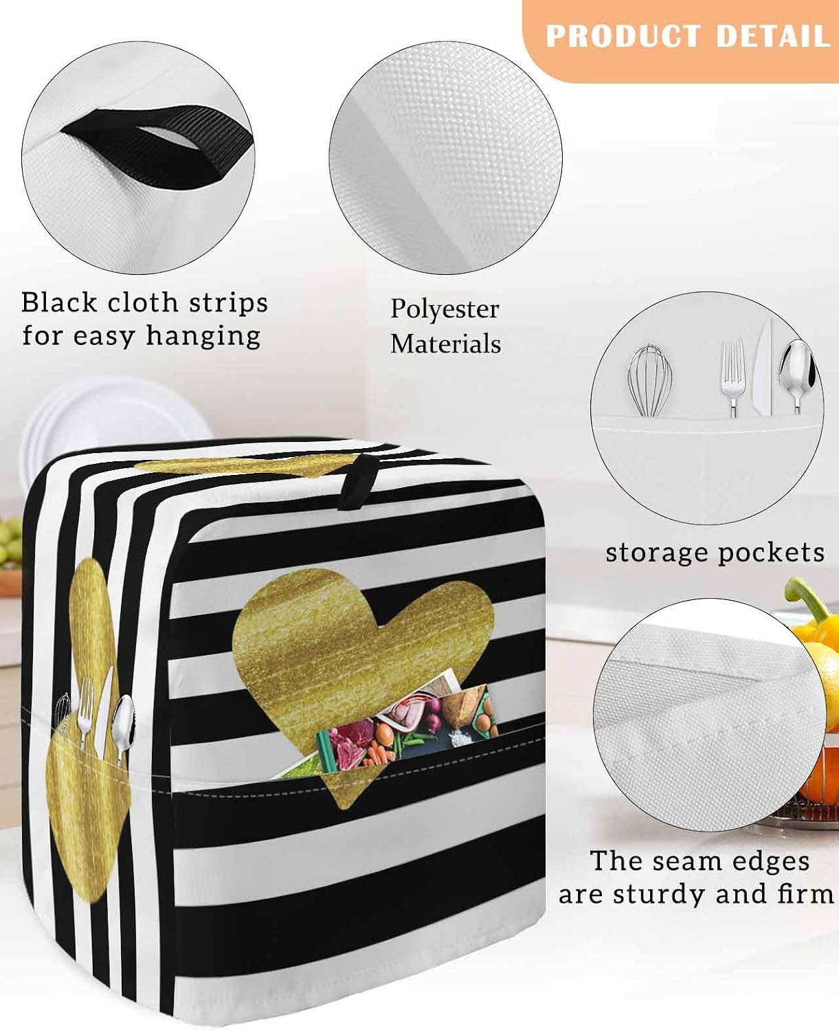 Stand Mixer Cover with Storage Pocket, Happy Valentine's Day Waterproof Kitchen Mixer Covers, Golden Love Heart Black Striped Kitchen Appliance Dust Cover Compatible with 6-9 Quart Mixers