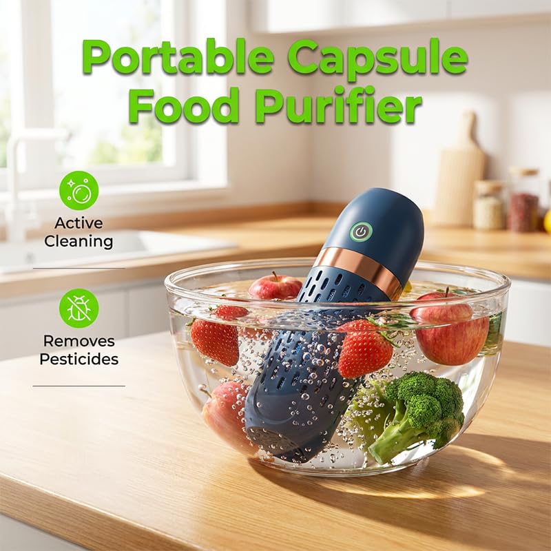 Lavaggio portatile di frutta e verdura, purificatore alimentare senza fili, detergente ricaricabile USB per frutta, verdura, carne, riso, cereali, stoviglie da cucina (1, blu marino), giallo navy