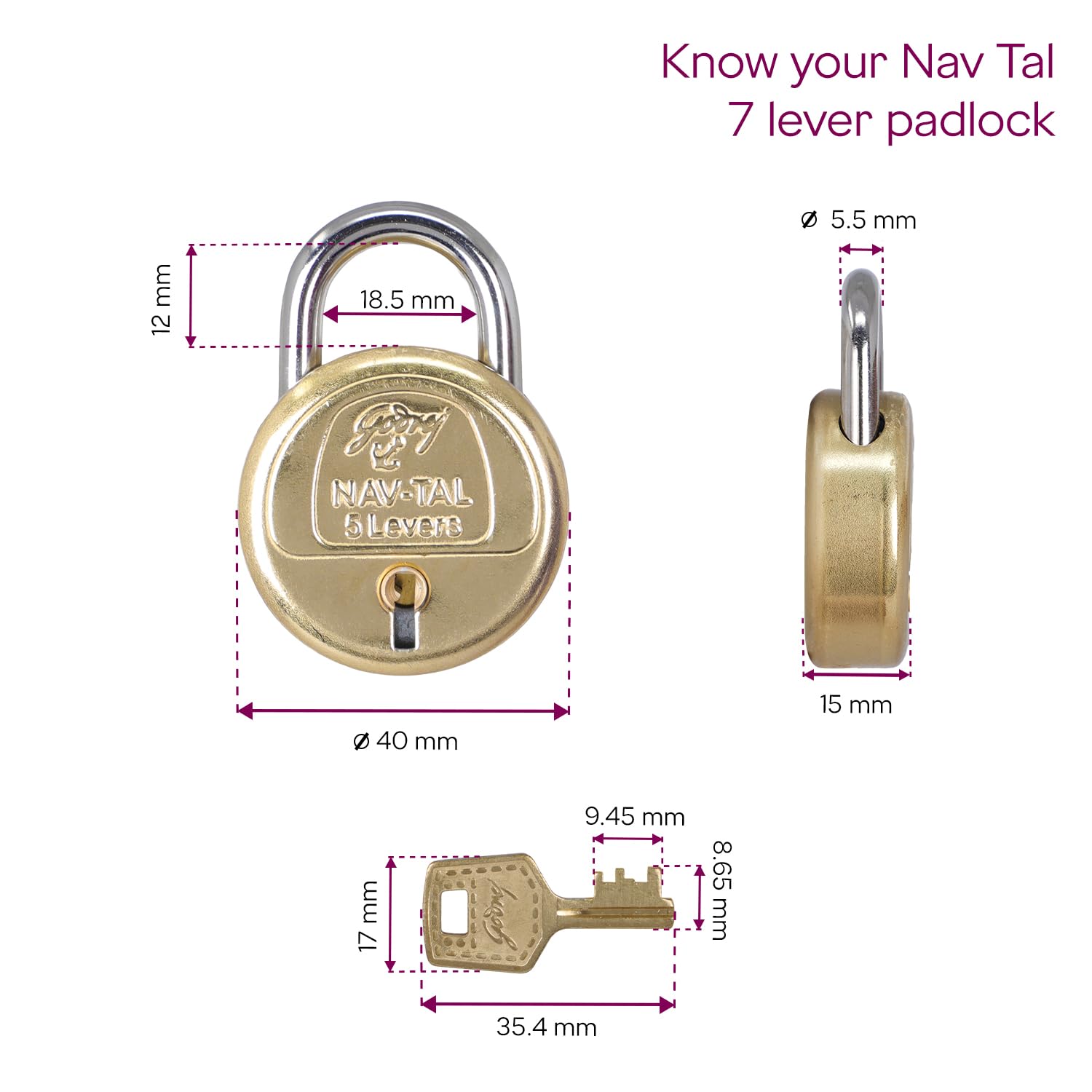 Godrej Padlock | Navtal 5 Lever Brass Padlock 40mm with 3 Keys | Strong Steel Shackle | Rust Resistant Lock for Main Door, Gates, Lockers, Cabinets, Travelling Bags & Tool Boxes | 1 Year Warranty — Amazon image 5