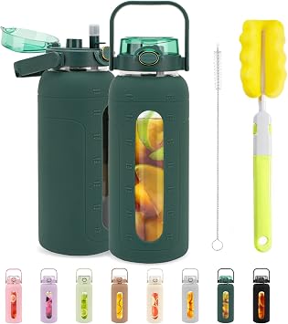 Tronco 64oz Glass Water Bottles with Straw Lid and Time Marker Half Gallon Large Motivational Water Bottle with Silicone Sleeve 2L Refillable Water Jug Bottle for Gym Home Workout BPA Free,Dark Green