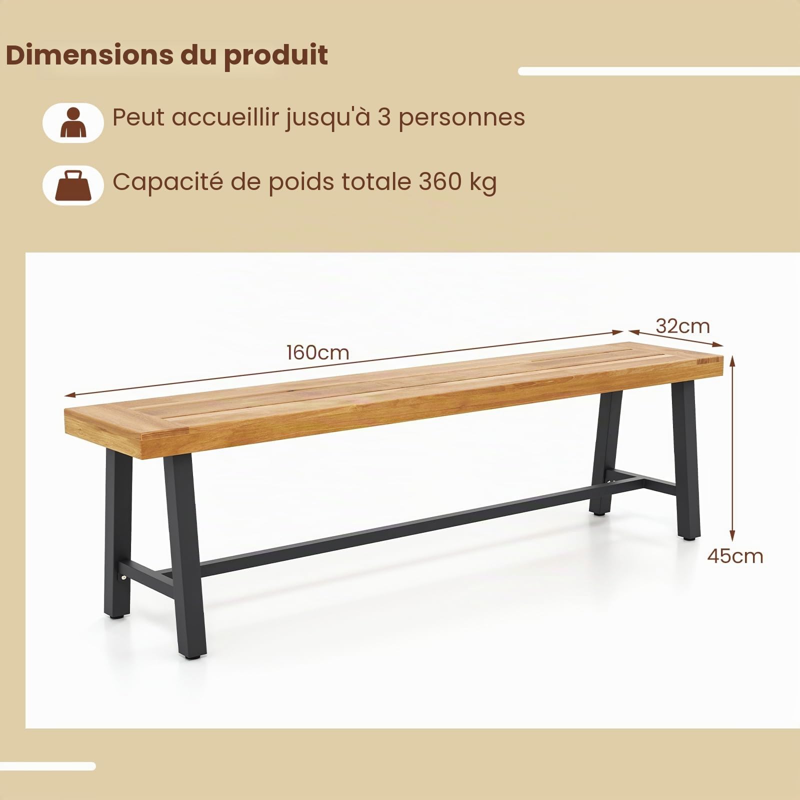 GIANTEX Banc de Jardin en Bois d'Acacia 160 x 32 x 45 CM, 3-4 Places Banquette d'Exterieure avec Barres de Support, Pieds Réglables, Charge 320 KG, Assise Large pour Terrasse, Parc (2)