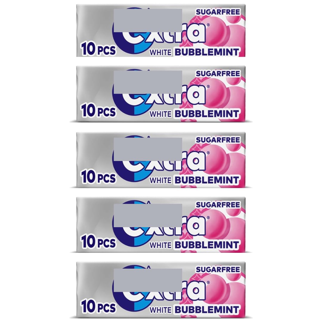 5 x packs Ex White Bubblemint Flavour Sugar Free Chewing Gum - Freshens Breath, Helps with Oral Hygiene for Healthy Teeth and Gums
