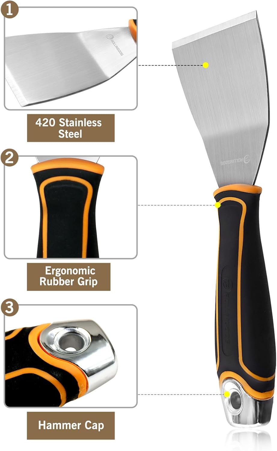 ROLLINGDOG 3 Inch Stainless Steel Paint Scraper - Bent Blade Putty Knife & Chisel Scraper for Wallpaper Removal, Floor Stripping, Carpet Trim – Ergonomic Handle with Hammer Cap