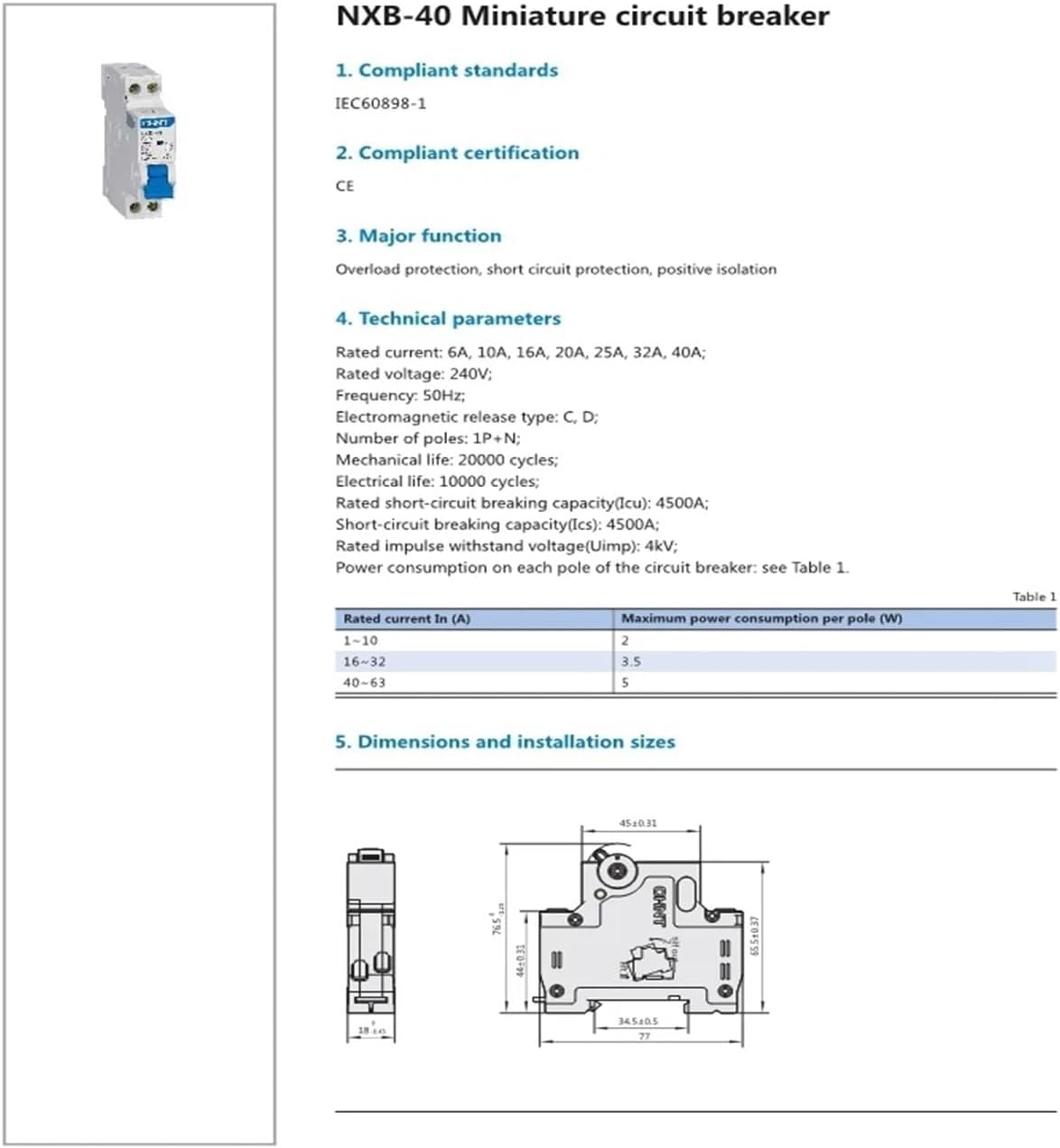 Circuit Breaker NXB-40 1P+N C6A 10A 16A 20A 25A 32A 40A 4.5KA Mini Circuit Breaker(40A)