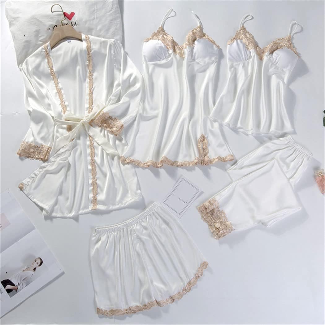 Haitpant Lace Patchwork 5Pcs Sleepwear Nightgown Kimono Bathrobe Gown Satin Lady Nighty Robe Suit Sexy White Wedding Robe