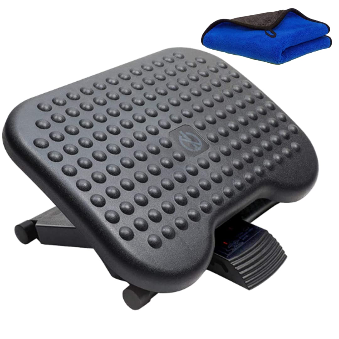 UNDER DESK FOOTREST with 3 Adjustable Height and Adjustable inclination, Ergonomic Footstool for Office, Work from Home, Gaming; Non-Slip Footstool with Accupressure; Includes a Microfibre Dust Wipe