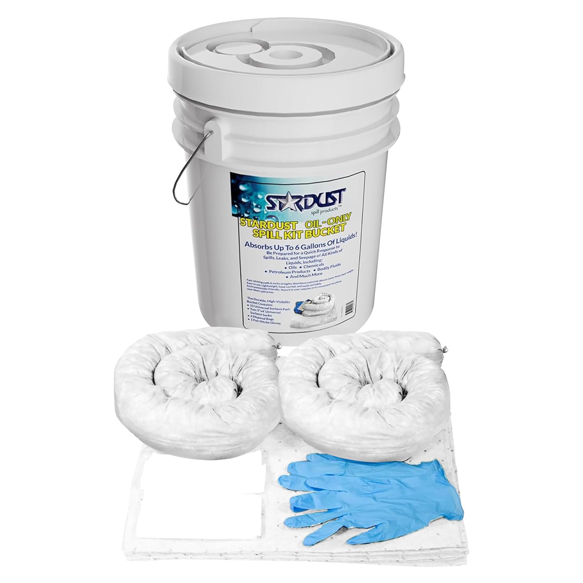 Stardust Spill Products D905P Oil Spill Kit OSHA Approved with Portable Bucket, (15) Oil Absorbent Pads, (2) 3"x4' Absorbent Socks, (4) Disposal Bags