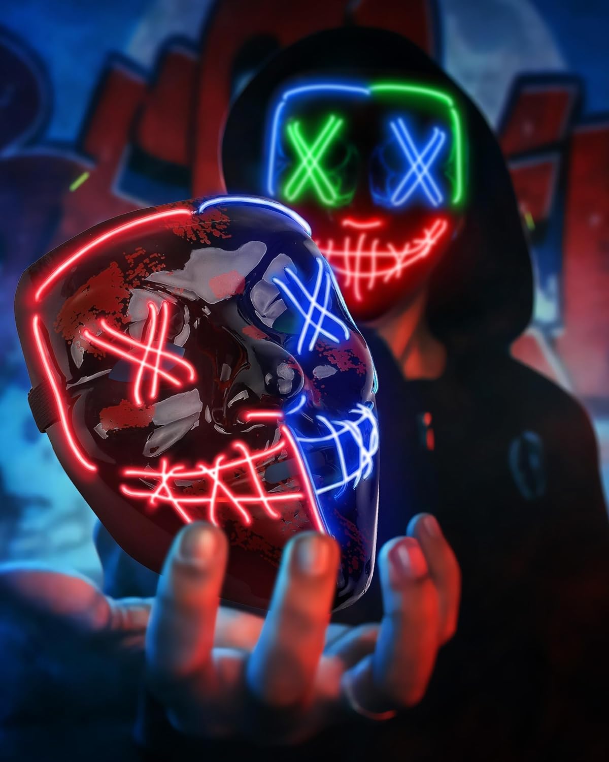 AnanBros - Maschera per Halloween, con luci a LED, maschera, per Halloween, 3 modalità di illuminazione, per cosplay e feste