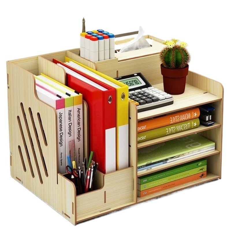 [Heartserice] 木製デスクトップ収納ラック 大容量 文房具&書類 本棚に最適 オフィス&寮用 収納ボックス&フォルダー 事務用品対応 (ホワイトメープル)