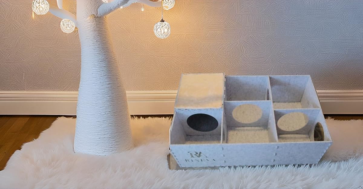 Cat Beds for Indoor Cats - Large Cat Cave for Pet House with Tunnel, Interactive Hideaway Maze, and Cozy Soft Felt Toy for Animals Activity. 38×24×12 inch, Gray