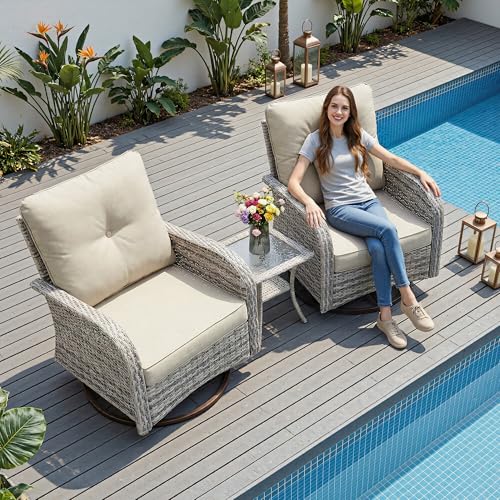 Image of 3-Piece Small Patio Furniture Set, Outdoor Swivel Rocking Chairs Set with Wicker Chairs and Tempered Glass Side Table, Outdoor Furniture Patio Bistro Set for Balcony, Deck, Porch