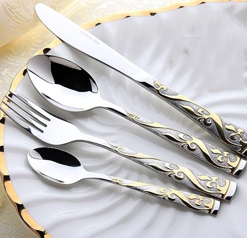 IKXO Juego de cubiertos dorados de 16 piezas de acero inoxidable dorado para 4, juego de vajilla plateada con borde chapado en oro, utensilios para