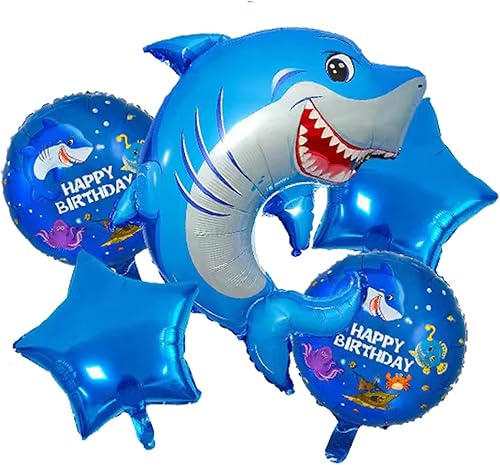 5 globos de papel de aluminio de tiburón bajo el mar, decoraciones de fiesta temática de tiburón oceánico, decoración de fiesta temática de Mylar
