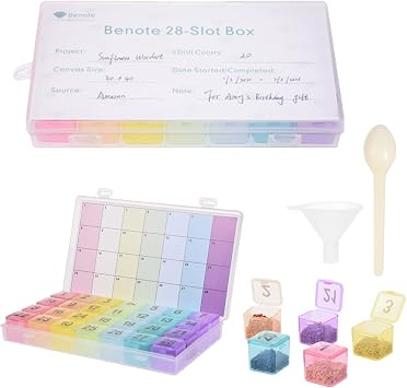 benote Diamond Art Painting Storage Containers, 28 Grids, Bead Storage Containers with Project Card/Label Stickers, Funnel Spoon Diamond Art Separate Containers, Bead Box