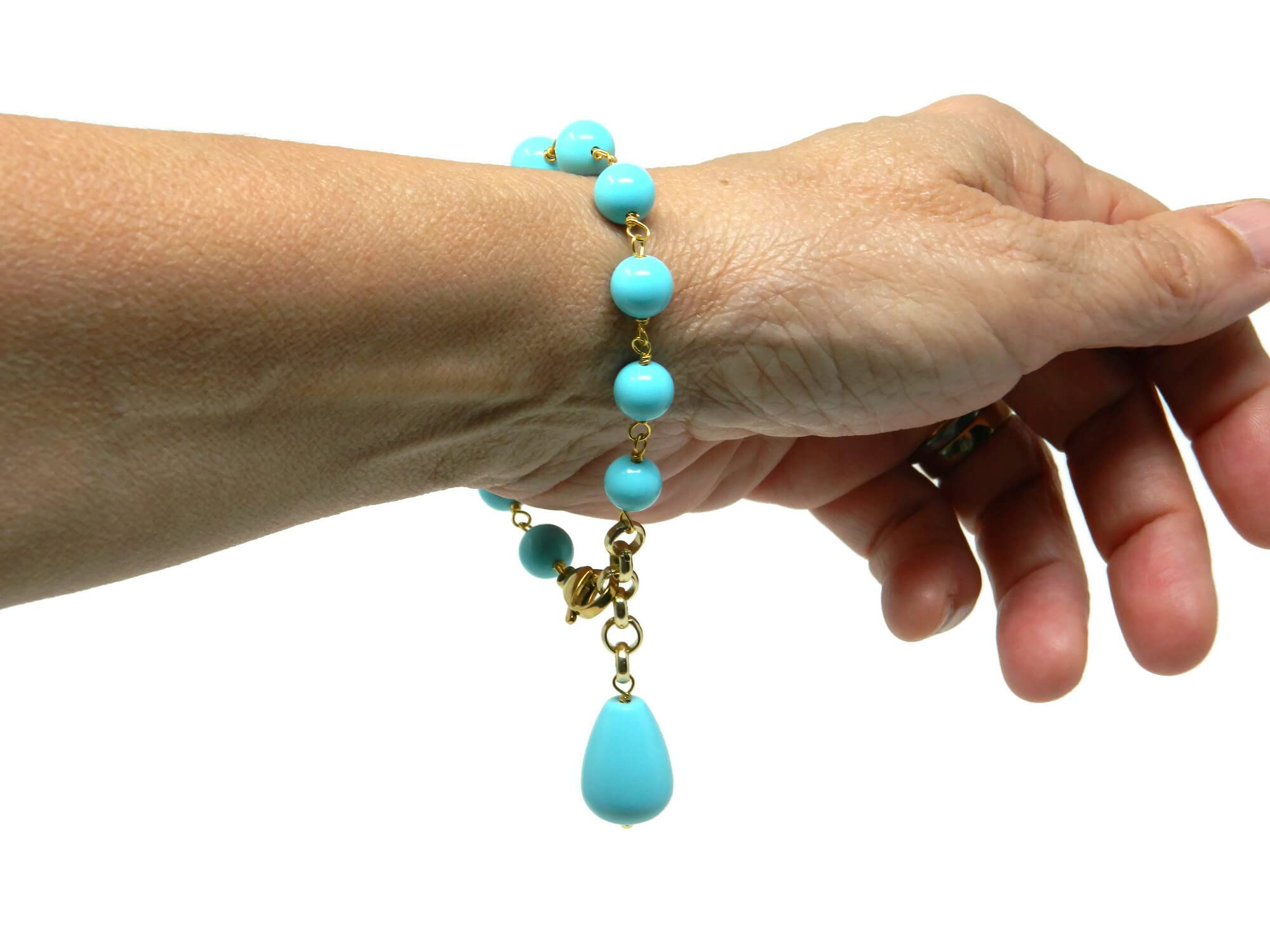 DodiGioielli Bracciale Donna con Palline e Ciondolo Goccia Turchese | Pasta di Turchese, Handmade, Made in Italy, Chiusura Dorata