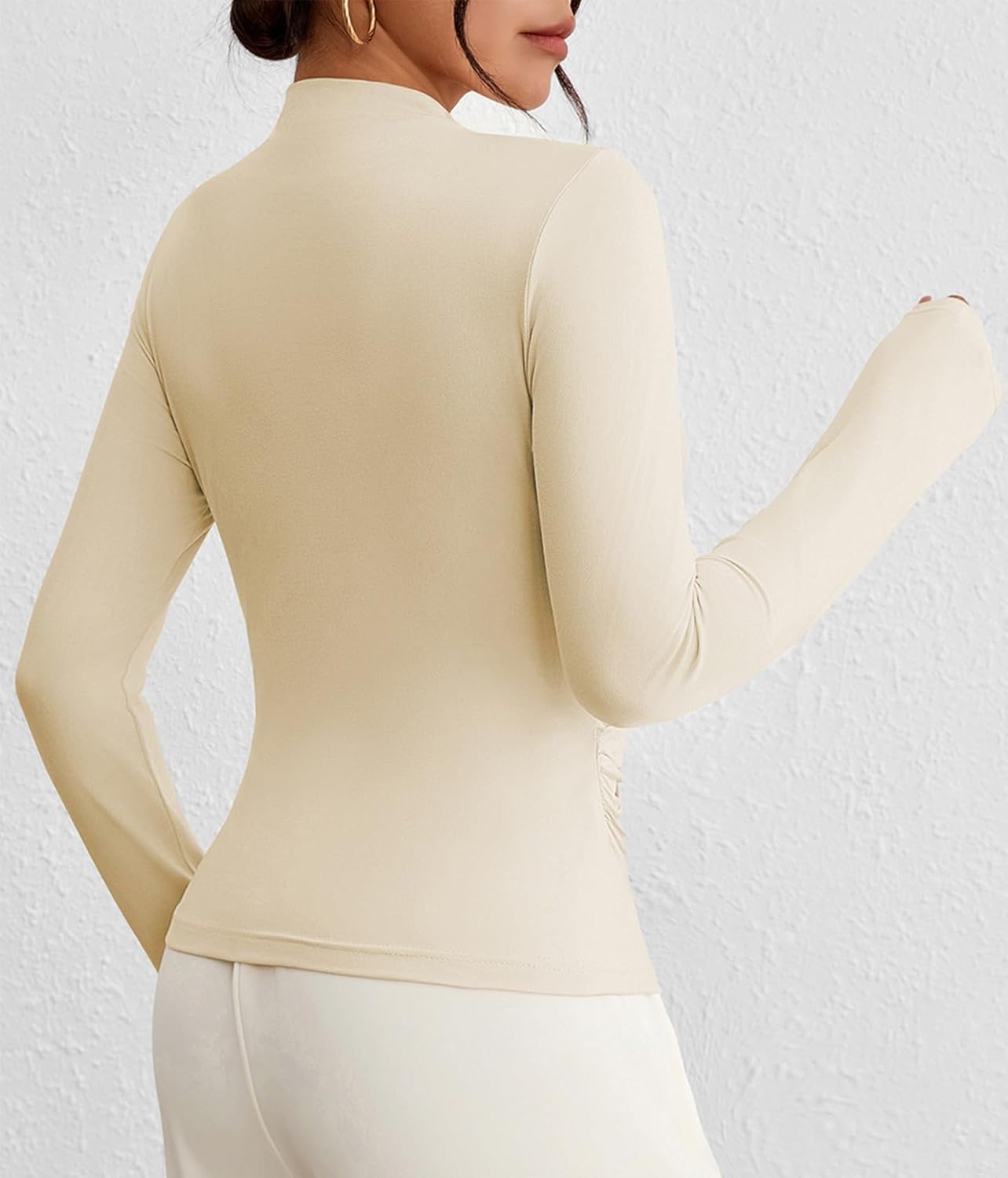 Pink Queen Women's Chic Top Long Sleeve Mock Neck Shirts Metal Ring Decor Ruched Slim Fit Tee - Image 6