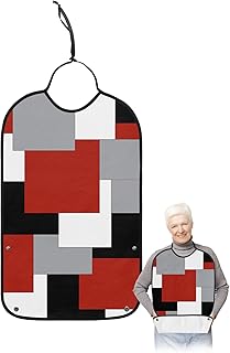 BOBOWUNY Red Grey Black Geometric Adult Bibs for Elder Women Men Eating, Middle Century Modern Art Abstract Waterproof & Washable Bibs for Eating Clothing Protector Dining Bibs for Crumb Catcher