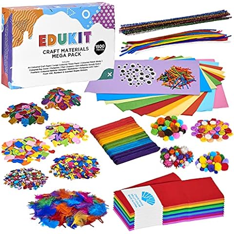 edukit Arts and Craft for Kids 1500 Pieces, Including Pipe Cleaners, Pom Poms, Sticky Gems, Googly Eyes, Foam Sheets, Feathers, Tissue and Craft Paper, Matchsticks in Various Sizes and Colours Cover