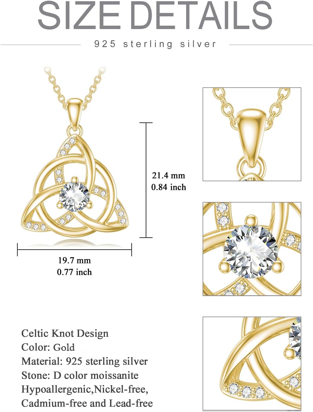 Moissanite Diamond Celtic Knot Necklace for Women Irish Claddagh/Triquetra/Tree of Life/Teardrop Celtic Neckalce 14K Gold Plated Sterling Silver Irish Jewelry Christmas Gifts for Women Wife Her