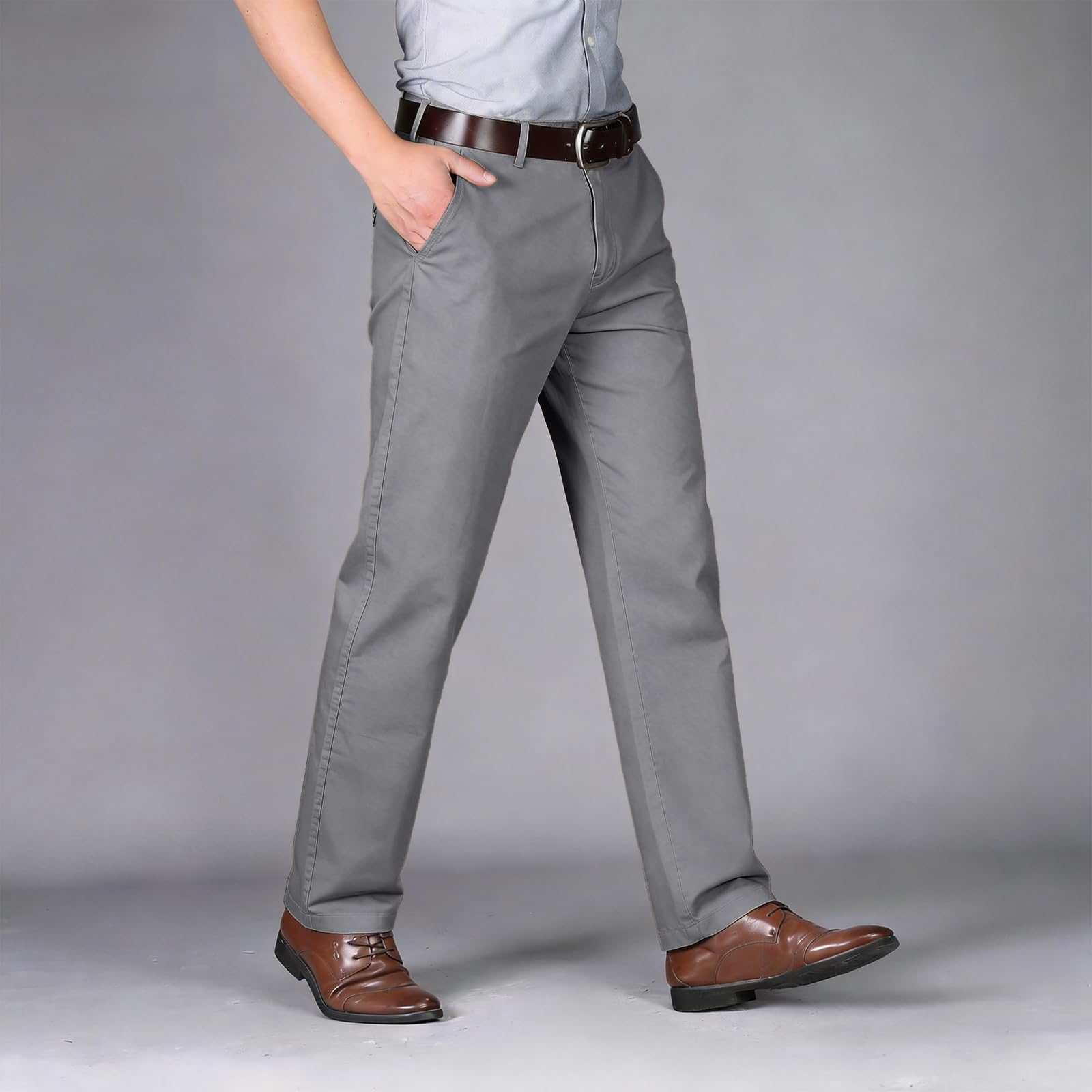Pantalon Homme Anti-Rides 100% Coton Taille Normale Tube Droite Décontracté avec Poches