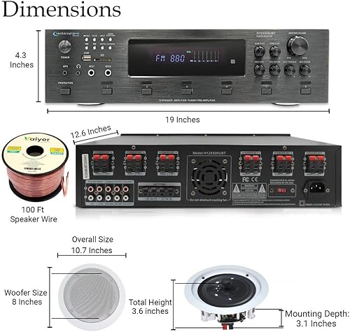 Miniatura 2 de Kit de sistema estéreo para el hogar, amplificador Bluetooth de 6 canales de 6000 vatios con 6 altavoces de techo enmarcados de 8 pulgadas de 300 W