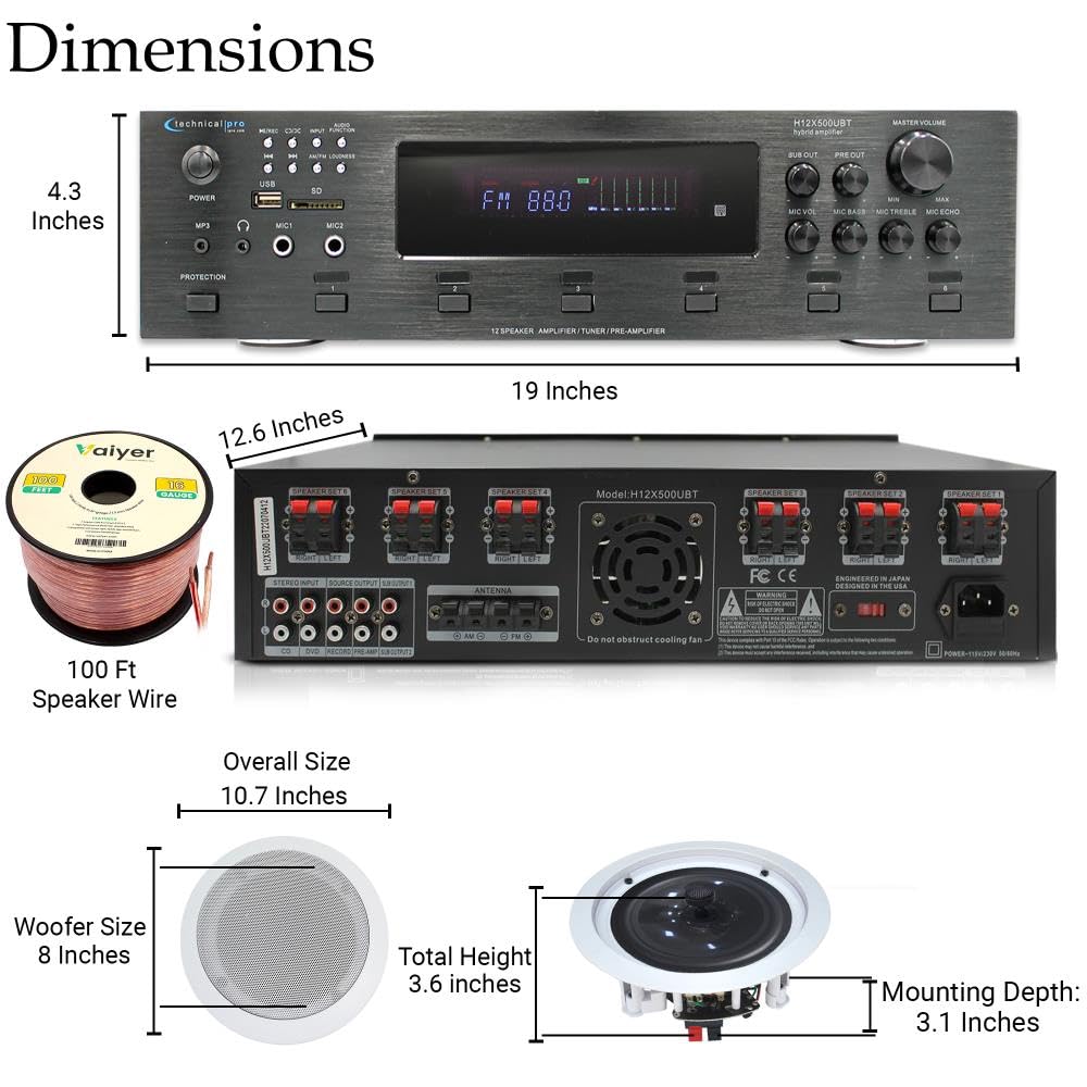 Home Stereo System Kit - 6 Channel 6000 Watts Bluetooth Amplifier w/ 6 Qty of 8” Framed Ceiling Speakers 300 W Each, 300 ft Speaker Wire & Remote for Living Room, Office, Bar by Technical Pro