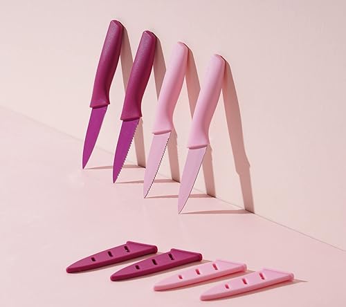 Cuchillo de pelar pequeño de 3.5 pulgadas con funda antiadherente, juego de cuchillos de pelar dentados rosados, hermoso cuchillo de cocina para
