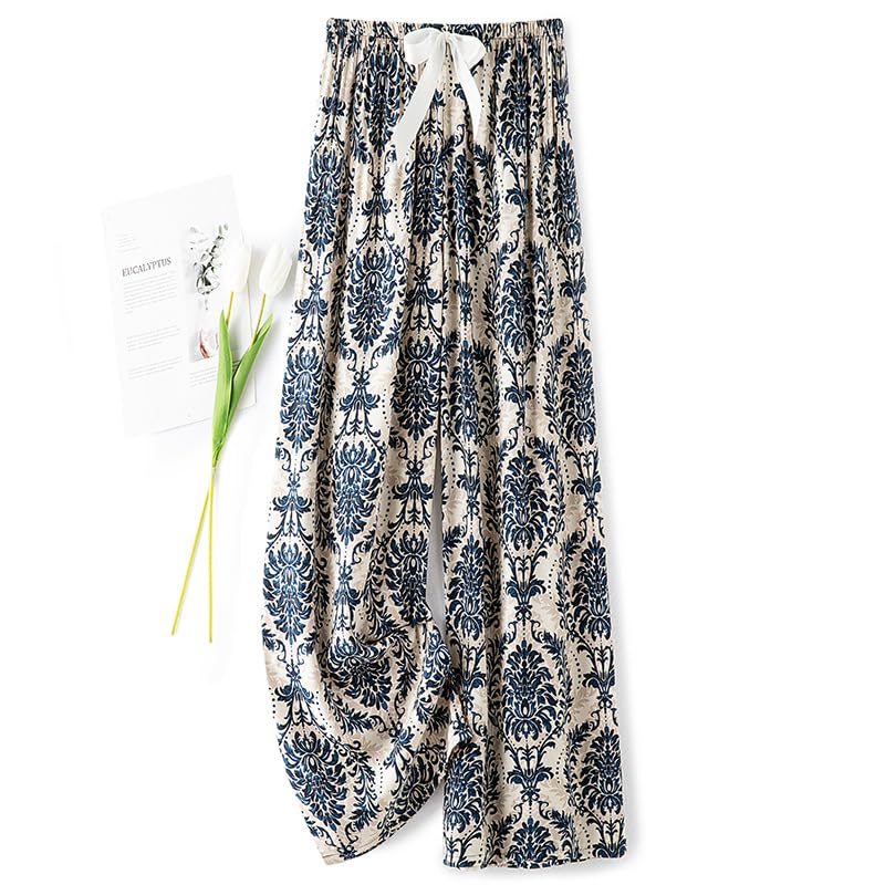 Women's Boho Printed Wide Leg Pants - High Waist Elastic Drawstring Flowy Casual Pants