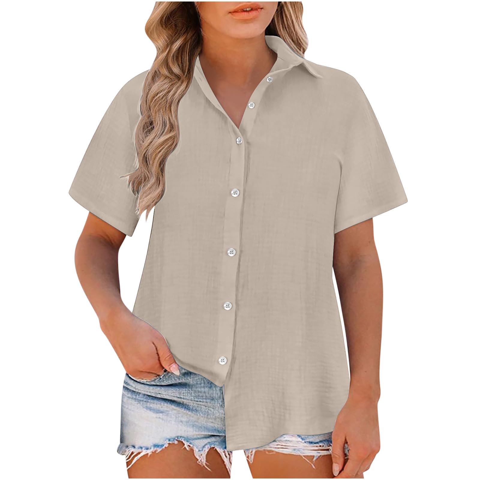 NUSGEAR Camisa de Manga Corta Mujer Algodón y Lino Blusa Camiseta Verano Moda Color sólido Cómodo Casual Suelto Cuello en V Botones Tops Elegante T-Shirt Basic tee Talla Grande Oficina Ligero 2024