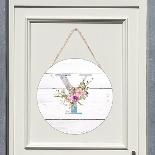 Vista 9 de Welcome Sign Front Decor Initial Letter B Round Wood Sign Monogram Purple Floral Wooden Plaque Blossom Floral 10in Country Wood Hanging Signs for