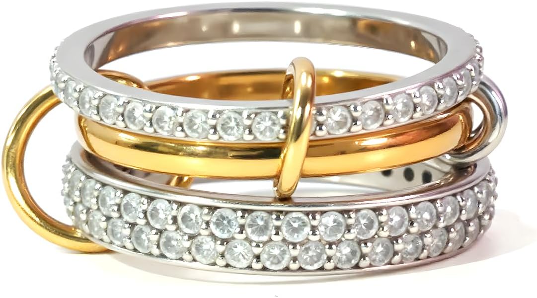 18K Gold Plated Interlocked Stackable Rings for Women, Statement Mixed Metals Multi Ring Stack, CZ Cubic Zirconia Rings,Silver and Gold Stacking Rings, Size 6-9