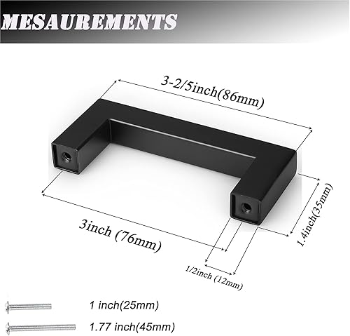 Miniatura 3 de Probrico - Tiradores cuadrados de acero inoxidable para puerta de armario o cajón, color negro, 0.5pulgadas de ancho, Negro