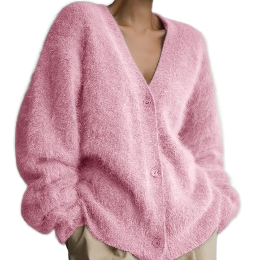 Fuzzy Mohair Sweater for Women Button Down V Neck Long Sleeve Knit Casual Lightweight Cardigan Jackets