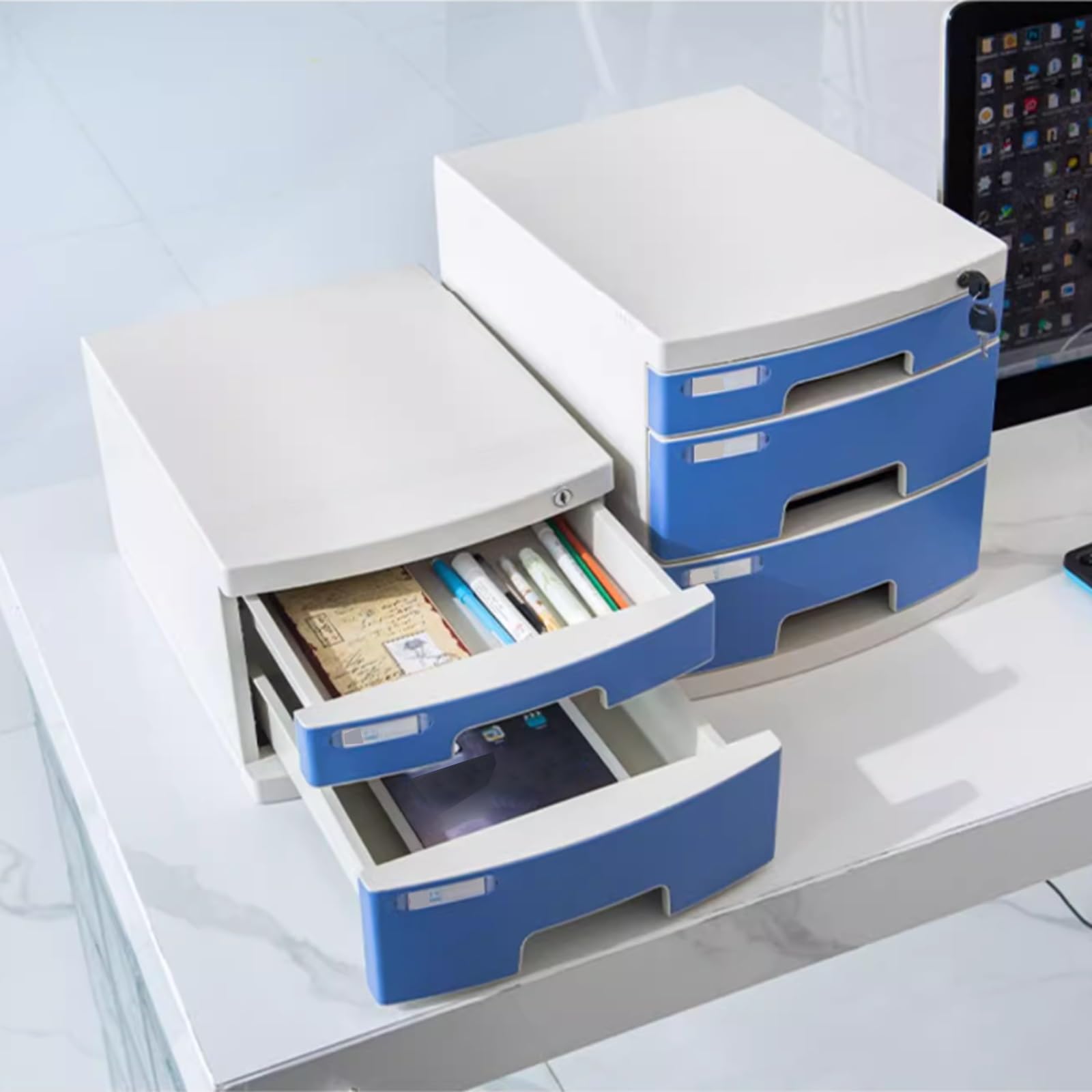Scatola Portadocumenti In Plastica A4 A 2/3/4/6 Ripiani - Organizzatore Scrivania Con Cassetti E Serratura Portadocumenti Da Ufficio Per Ricevute Finanziarie Lettere Cartacee(3-layers)
