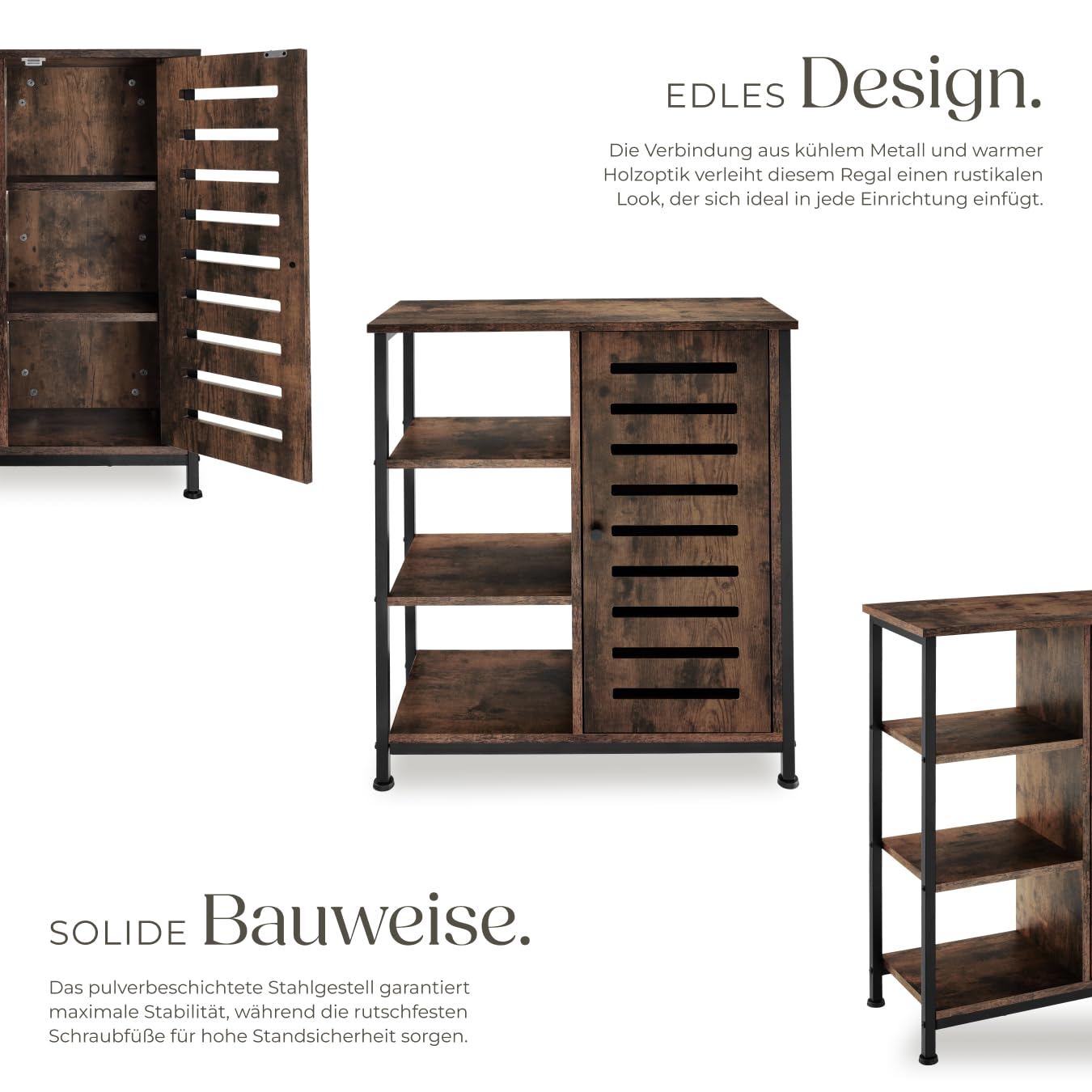 tectake® Industrial Sideboard, Kommode Schlafzimmer mit 3 Fächern und Schrankfach, TV Schrank 71 x 32 x 82 cm, Flur Möbel, Wohnzimmerschrank, Cabinet (Tür rechts, Industrial Dunkelbraun)