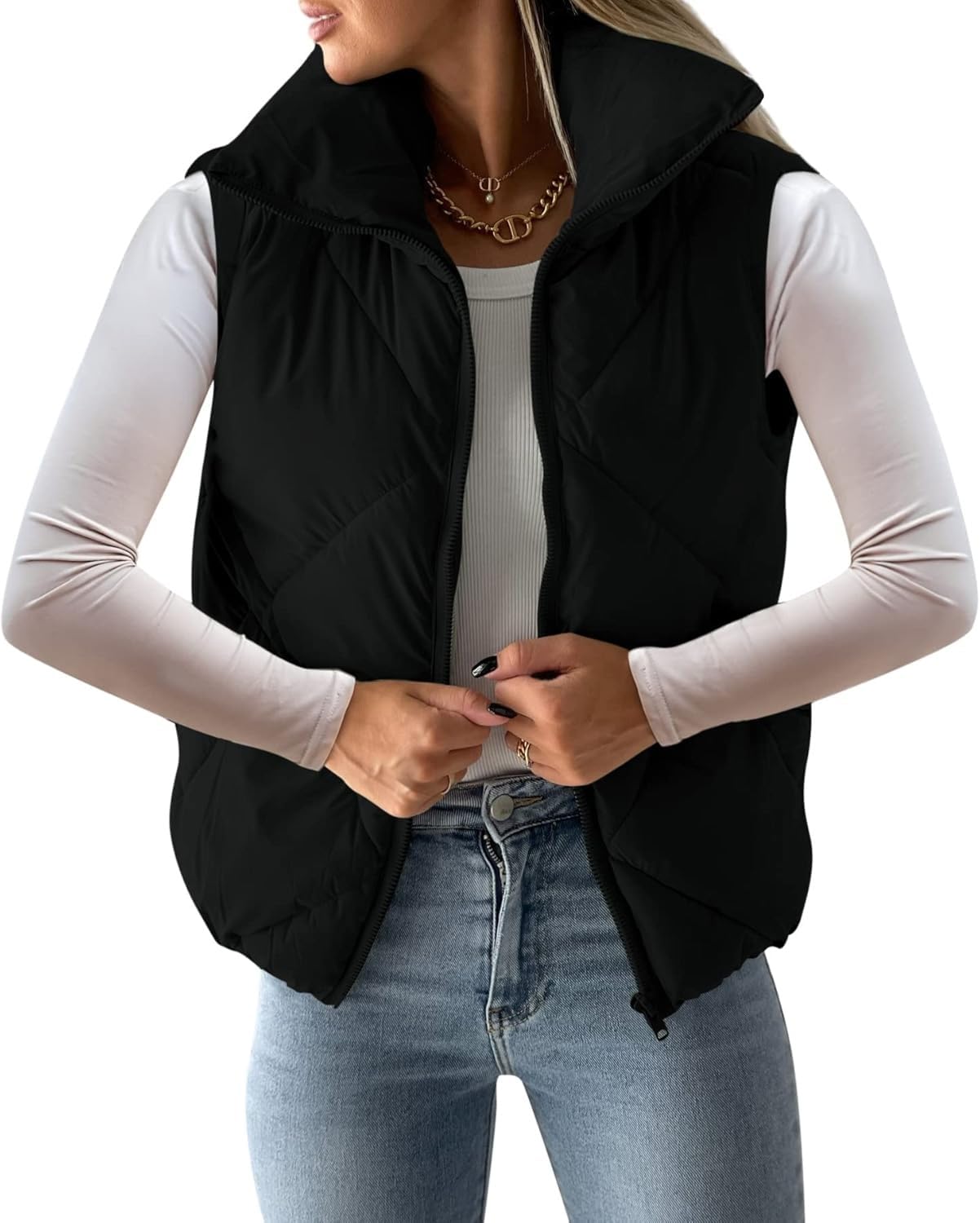 Newffr Women's Quilted Puffer Vest Sleeveless Lightweight Zip Up Jacket Winter Warm Coat Outerwear