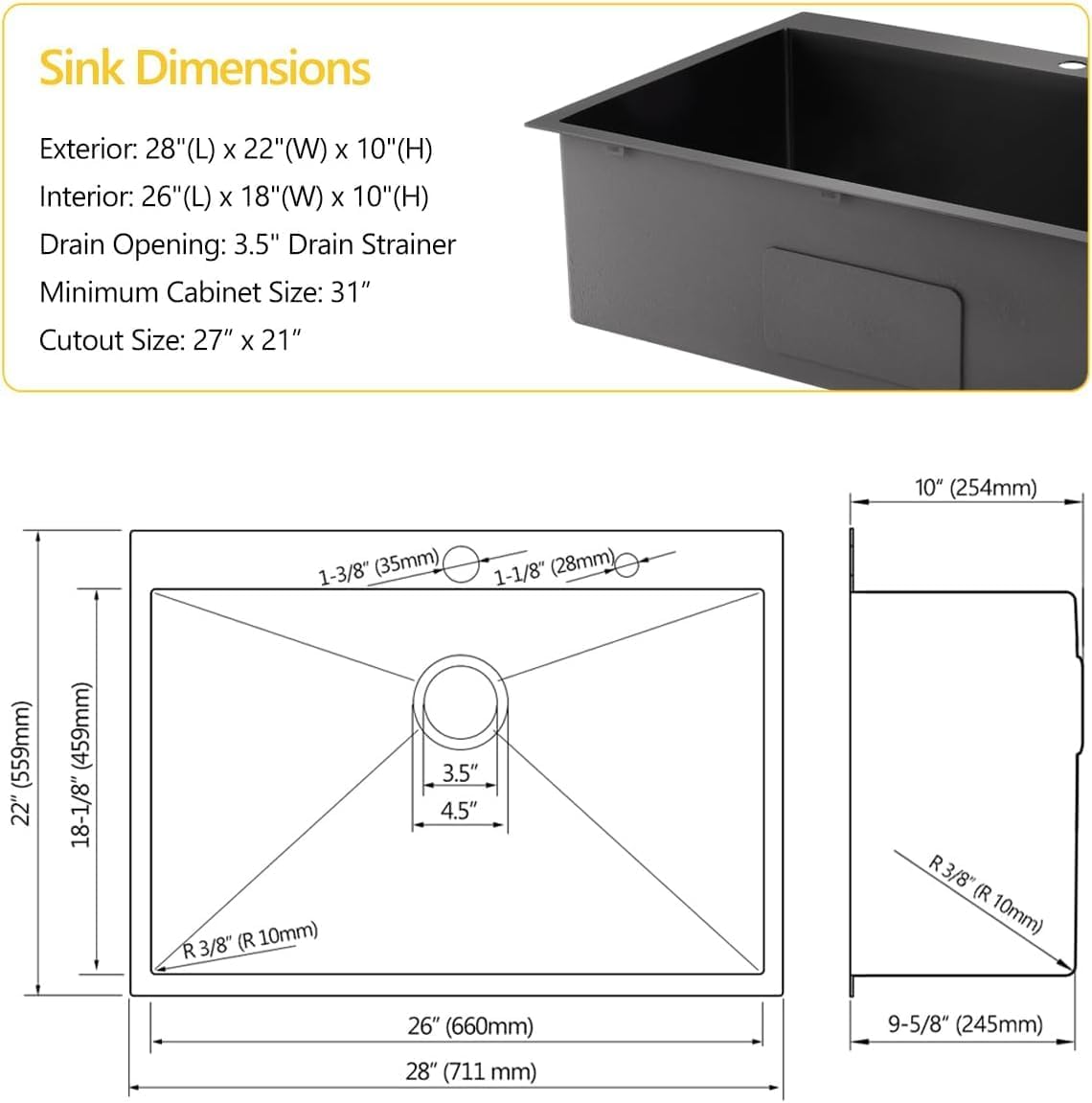 28 Drop In Black Stainless Steel Kitchen Sink, Luckyhorse 28x22x10 Inches 16 Gauge Nano Black Stainless Steel Topmount Kitchen Sink LH002SQ