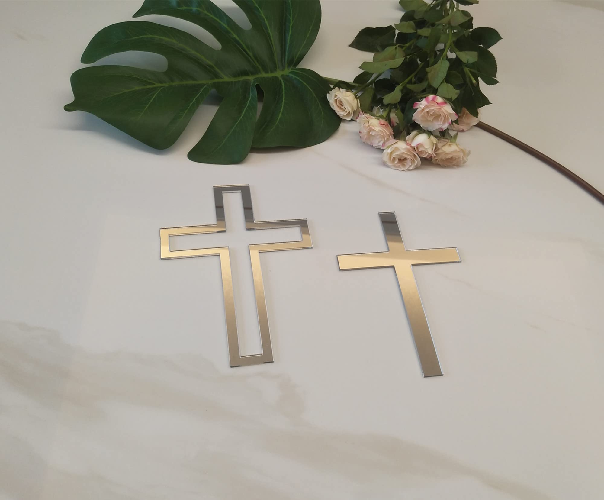 RUIXUAN 16pcs of Acrylic Cross Cake Topper,Cross Cake Charm for Baptism,Christening,Holy Communion Cake (6'', Silver Mirror)
