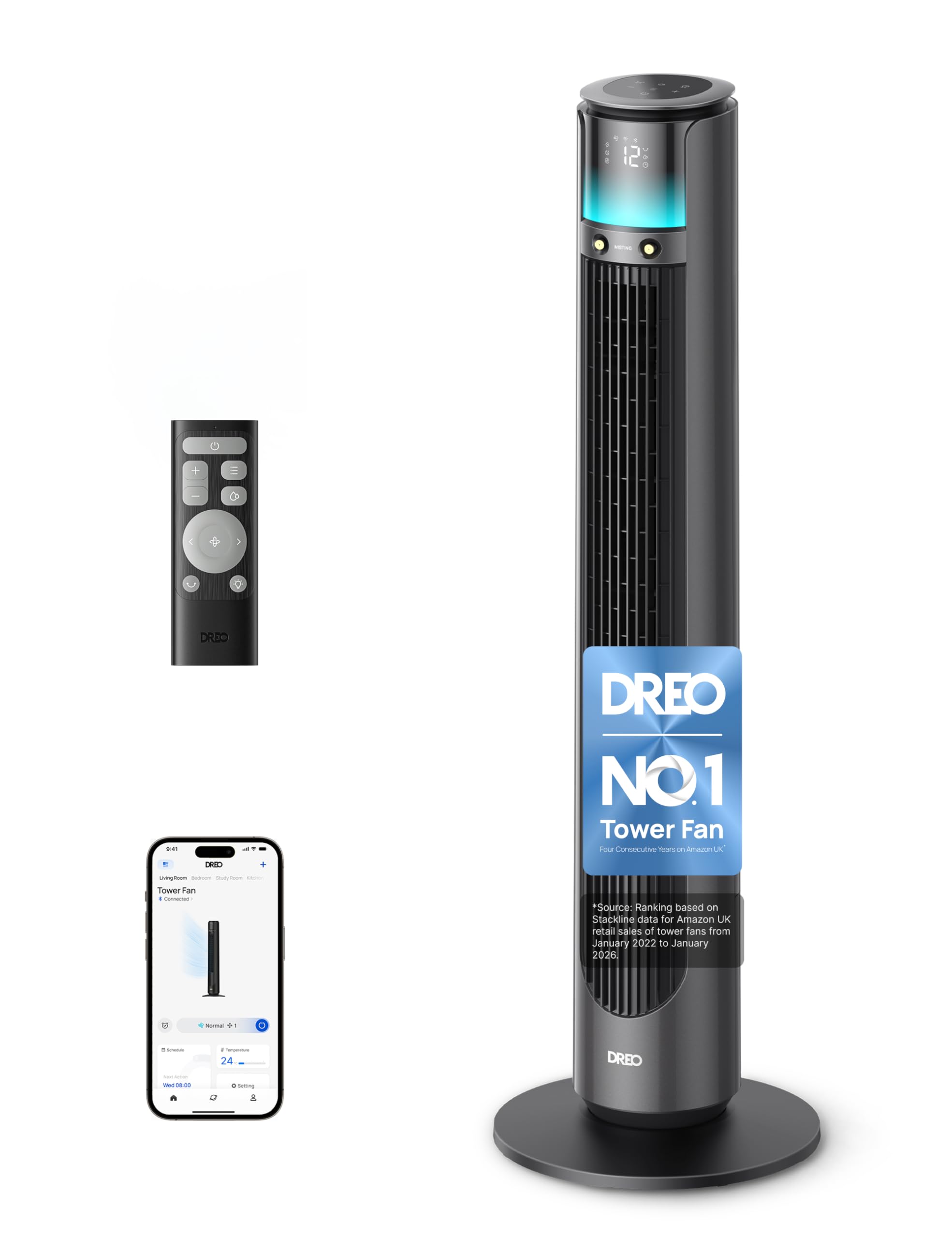DREO Smart 10m/s Outdoor & Indoor Tower Fan, 20dB Quiet DC Motor for Bedroom, 12 Speeds 4 Modes Standing Fan, 150° Customizable Oscillating, Weather Resistant, Misting Fan 711AS