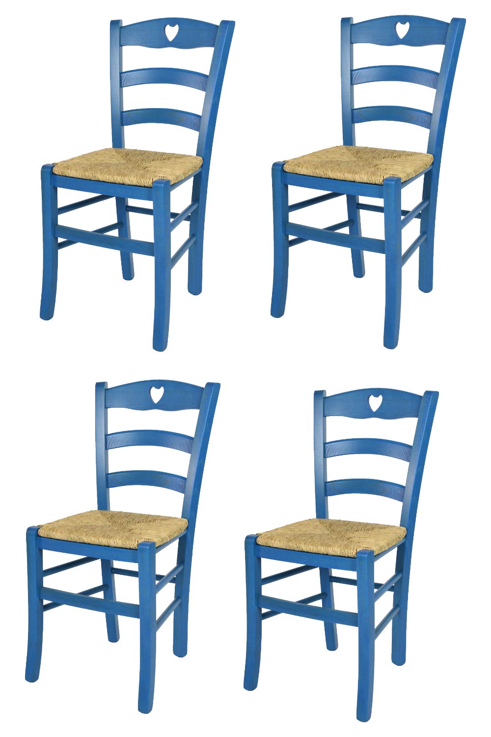 t m c s Tommychairs - 4er Set Stühle Cuore für Küche und Esszimmer, Robuste Struktur aus Buchenholz, in Anilinfarbe Blau lackiert und Sitzfläche aus Stroh