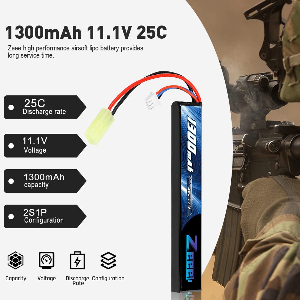 Zeee 2S Lipo Batteria 7.4V 25C 1300mAh Batteria Lipo tipo Stick per Modelli Airsoft