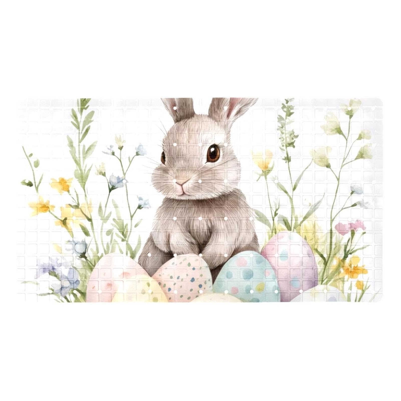 Badematte für Badewanne, Motiv: niedliche Osterhaseneier und Frühlingsblumen, rutschfest, rechteckig, Badematte mit Saugnäpfen, maschinenwaschbar, Badezimmermatte, 39,9 x 70,9 cm